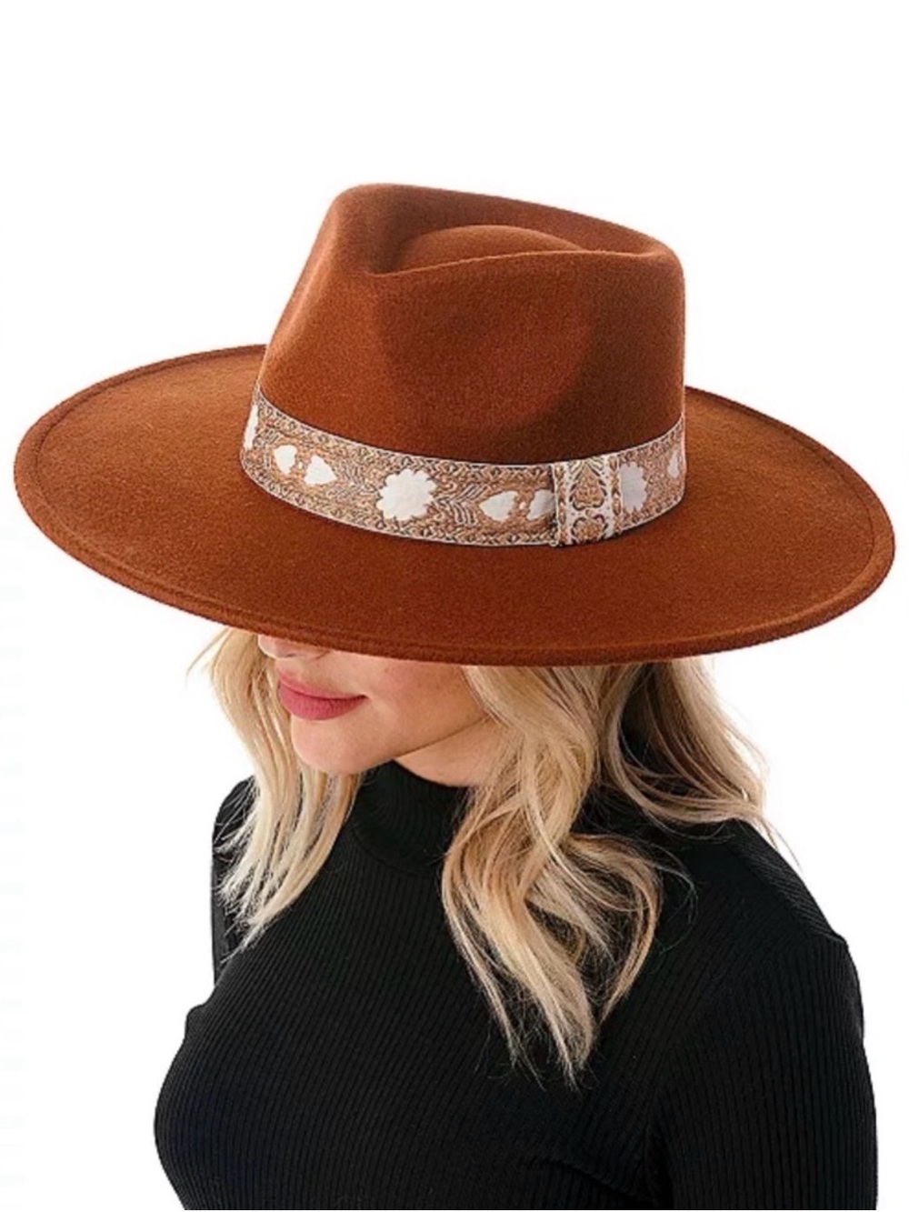 Marcus Adler Women's Wool Blend Felt Hat with Floral Print Band RUST